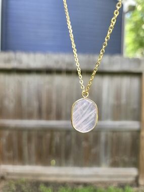Gold Tone Necklace with Pink Rose Quartz Pendant
